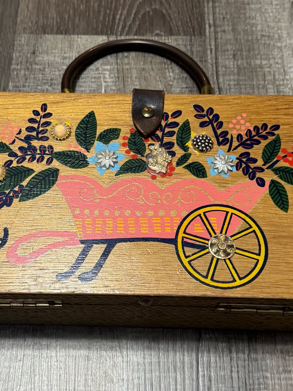 Hand-Painted Floral Cart Wooden Box - Pink, Yellow, Blue, Green